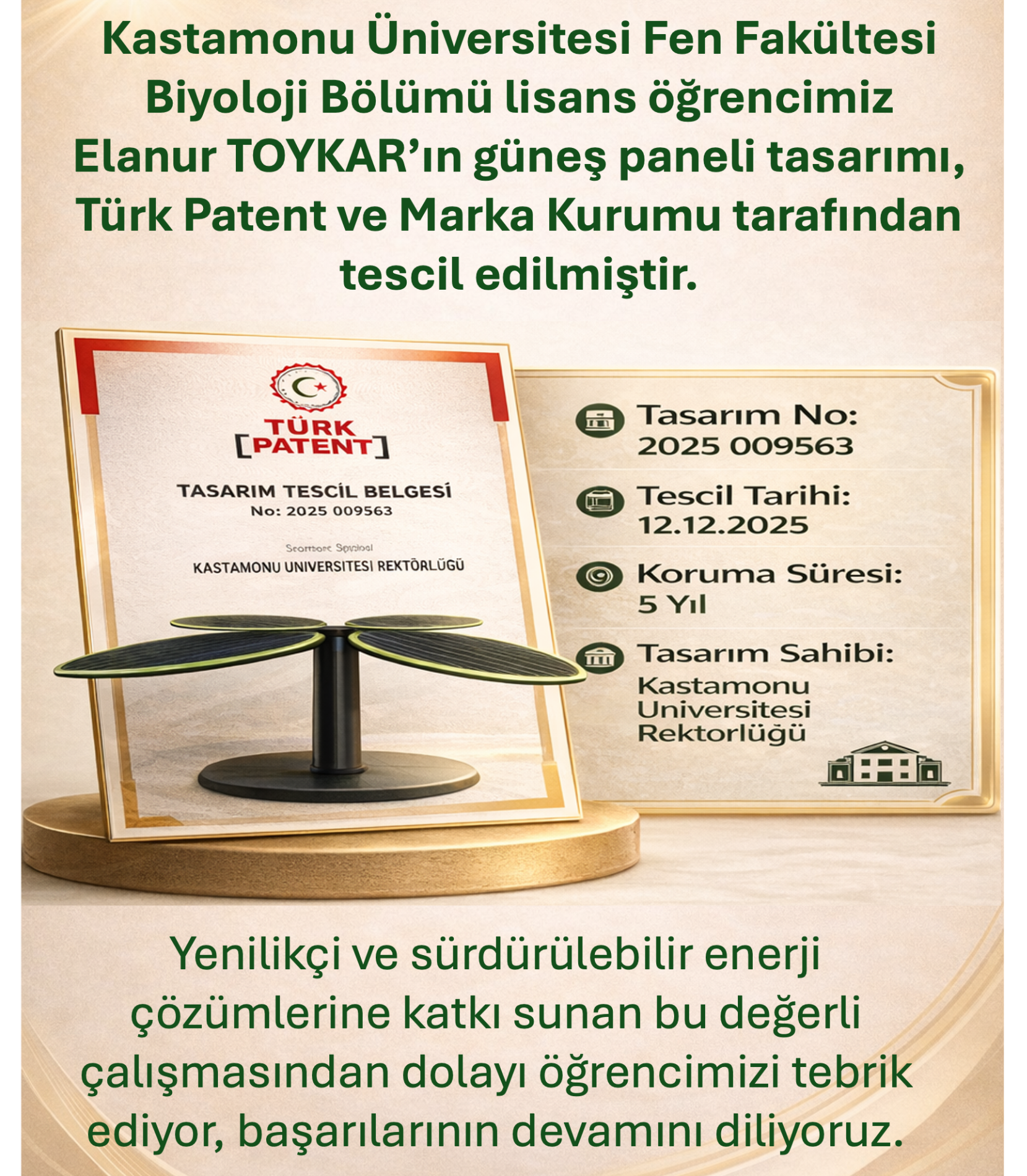Biyoloji Bölümü Öğrencimiz Elanur TOYKAR’ın Güneş Paneli Tasarımı Tescillendi